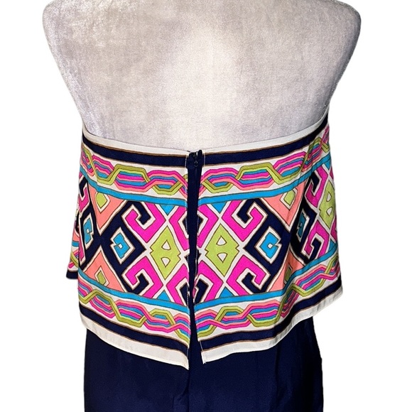 NEW Alice & Trixie Silk Blue Pink Geometric Ruffle Overlay Strapless Dress - S - Picture 6 of 10